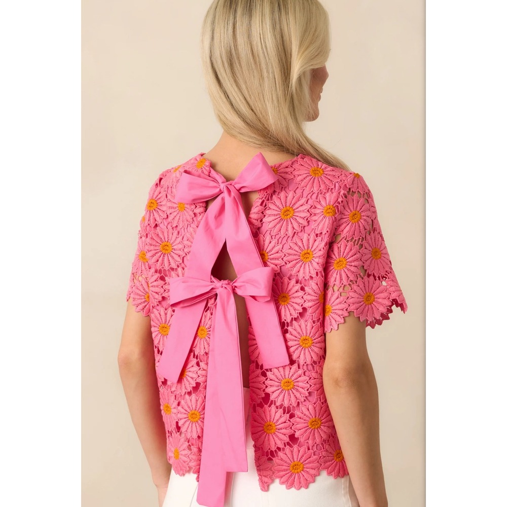 LoveWednesday Pink Daisy Lace Bow Back Top Short Sleeve Floral Blouse‎  L - Picture 2 of 10